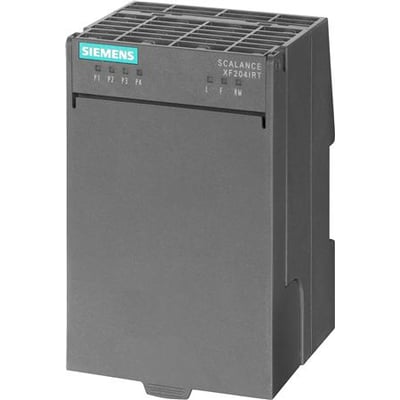 Siemens Scalance XF204 industriethernet switch med 4 x 10/100Mbit/s RJ45 porte i grå plast med tydelige LED indikatorer.