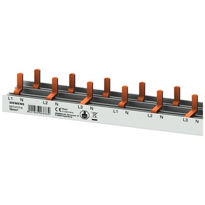 Siemens PIN samleskinne med 10 mm² tilslutning og 4 tilslutningspunkter pr. fase, mærket L1, N, L2, N, L3, N.