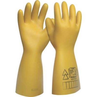 Gule sikkerhedshandsker, klasse 0, 1000V, størrelse 8, vist parvis på hvid baggrund.