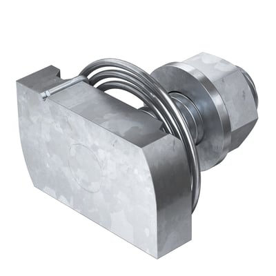 OBO Bettermann T-Bolt MS41HBF M8x30 FT HDG i varmgalvaniseret stål, med den karakteristiske firkantede blok og en bolt med møtrik.