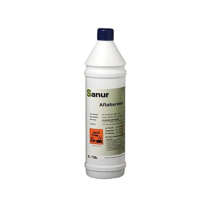 Flaske med Sanur afløbsrens på 1 liter, hvid emballage, mørkeblåt låg og orange faresymbol på etiketten.