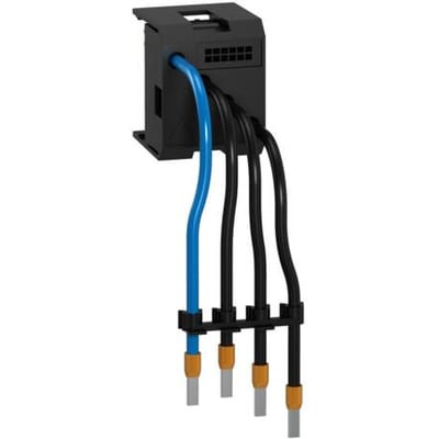 Schneider Electric 3-polet strømaftager 16A vist med et blåt og tre sorte kabler tilsluttet for hurtig montering i elektriske installationer.