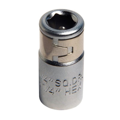 Ironside bitsadapter fra 1/4" firkant til 1/4" sekskant, vist stående med den åbne top synlig.