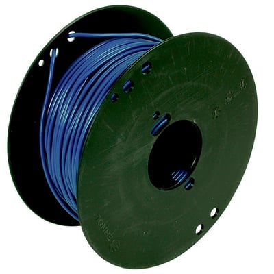 Lapp H07V2-K 4 BU blå kabel på en mørkegrøn kabeltromle, isoleret med PVC-isolering.