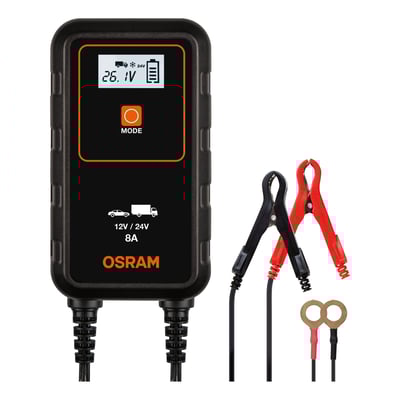 Osram BATTERYcharger 908 er en 8A smart oplader til 6V og 12V køretøjer med klips og ringterminaler.