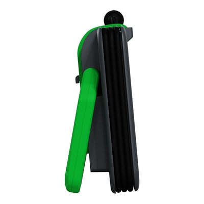 Lauritz Knudsen Thorsman arbejdslampe i grå og grøn, set fra siden med foldbart støtteben.