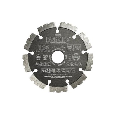 Ironside universal diamantklinge på 125 mm med segmenteret skærekant og synlige specifikationer på klingen.