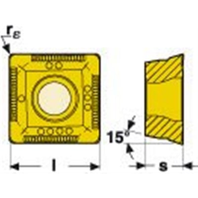 Nærbillede af Seco Tools SPGX0502-C1 DP3000 skæreplade, der viser en top- og sideprofil med dimensioner 'l' og 's'.