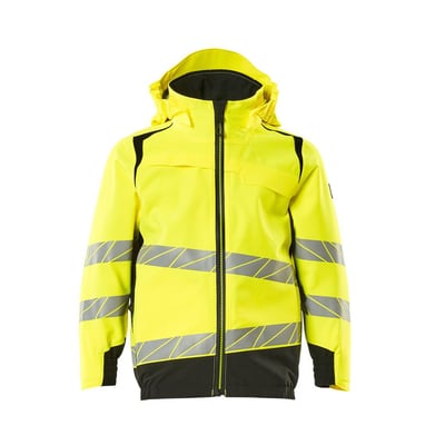 Mascot skaljakke til børn i Hi-Vis gul og sort, str. 128, med reflekser og hætte.