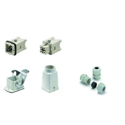 Weidmüller HDC-KIT-HA 03.301 M komplet kit med tre 3-polede industristik, hus og kabelforskruninger i lysegrå plast.