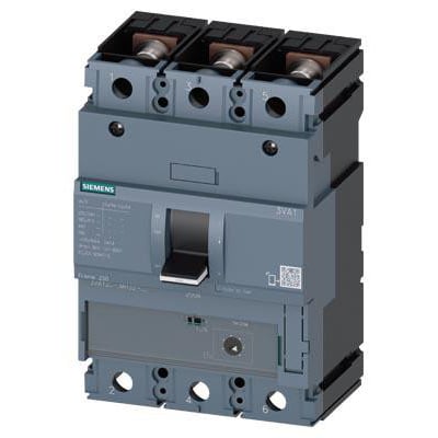 Siemens 3VA1 IEC maksimalafbryder i grå plast, frame 250, 3-polet, med synlig afbryderhåndtag og mærkat.