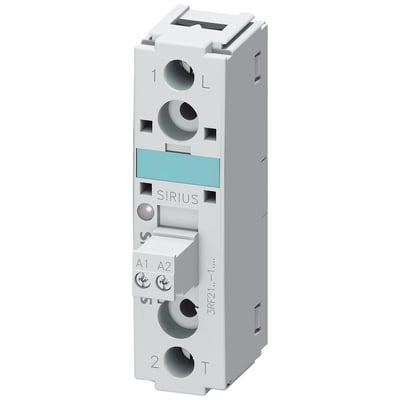 Siemens 1-faset solid-state relæ 3RF2 med 50A strøm og 24-230V spænding. Relæet har skrueklemmer og er i hvidt plast med grøn Siemens-logo.