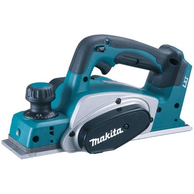 Makita falshøvl DKP180Z på 18 V med 82 mm høvlebredde, set skråt fra siden i turkis og sort.
