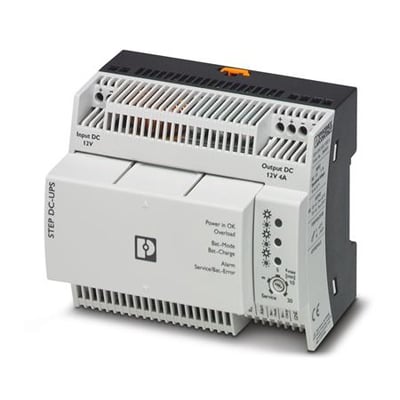 Phoenix Contact Step-UPS/12DC/12DC/4/46WH DC/DC-konverter med indgang og udgang mærket tydeligt for nem installation.