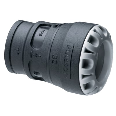 Plasson overgang med muffe i sort PP, 63 mm x 1.1/2" PN16, med synlige markeringer for 1" og 32 mm. Monteringsenden har gråt plastgreb.