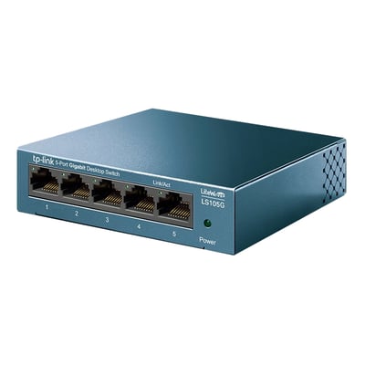 Blå TP-Link LiteWave LS105G desktop-switch med fem Gigabit RJ45-porte, set skråt forfra med portene og indikatorlysene synlige.