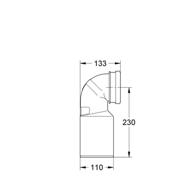 Teknisk tegning af Grohe afløbsbøjning til Rapid med dimensioner: 133mm bred, 230mm høj og 110mm dyb.