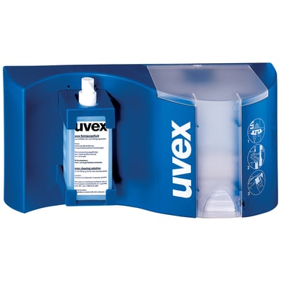 Uvex brille rensestation i blå med en flaske rensevæske og en dispenser til servietter.