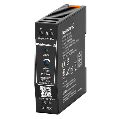 Weidmüller PRO BAS 30W 24V 1.3A strømforsyning i sort kabinet med mærkater og DC OK indikator, egnet til DIN-skinne montering.