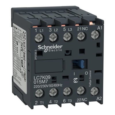 Schneider Electric 9A kontaktor, 3-polet med 1NC, 220/230V spænding, model LC7K09015M7, med tydelige terminalmærkninger.