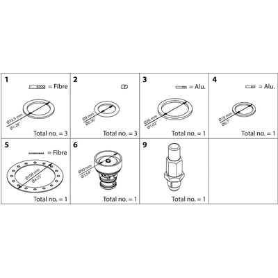Oversigtstegning af Danfoss ICS 50 vedligeholdelsessæt med ni dele og dimensioner.