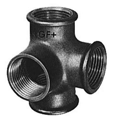 Georg Fischer T-stykke i sort, 1/2" med sideudløb og fire indvendige gevind, viser den matte overflade og robuste design.