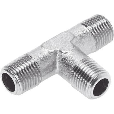 Festo T-forskruning NPFC-T-3R38-M i forniklet messing med tre gevindede udgange, egnet til trykluft.