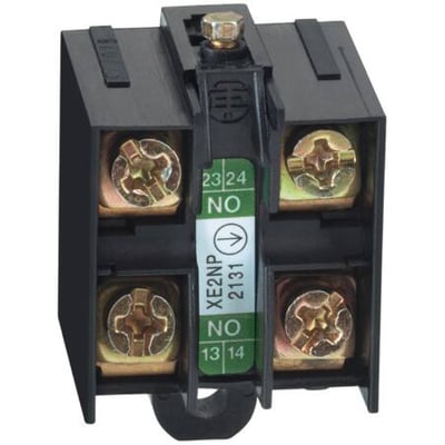Schneider Electric kontaktelement XE2NP3131 med 2 NO kontakter, monteringsskruer og mærkat med 23/24 NO. Produktet er i sort plast.