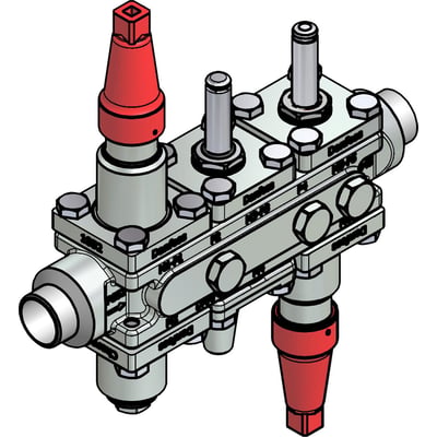 Danfoss ventilstation ICF 20-6-90 med tilslutningsstørrelse 25 mm, svejsning og stålhus, med røde beskyttelseshætter og tydelige Danfoss-logoer.