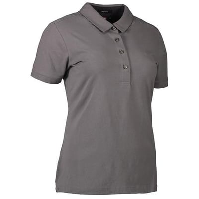ID Identity polo dame stretch i sølvgrå farve, str. 3XL, vist forfra med skjortekrave og knaplukning.