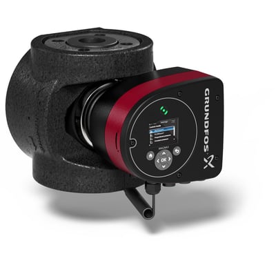 Sidebillede af Grundfos Magna3 40-40 F cirkulationspumpe, der viser kontrolpanelet med menu og navigationsknapper tydeligt.
