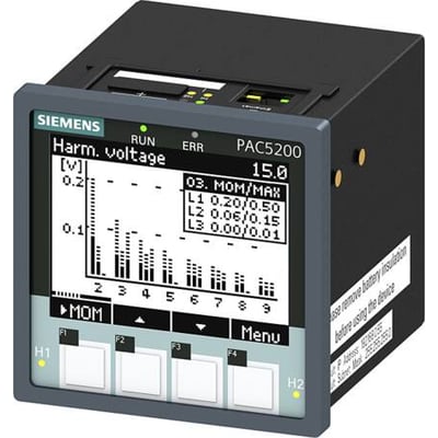 Siemens SENTRON PAC5200 måleenhed og strømkvalitetsoptager med LCD-skærm, der viser harmonisk spændingsanalyse og måleværdier.