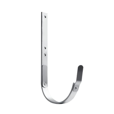 Kort, galvaniseret rendejern med zinkfjeder i 1/2-rund form, 12" x 25/5 mm, vist med skruehuller i monteringspladen.