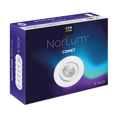 Norlum Comet 6-pak indbygningsspots i hvid, 6,5W, 587 lm, 2700K, med tydelig illustration af spots og specifikationer på pakken.