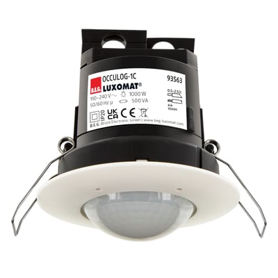 B.E.G. OCCULOG-1C VOC-sensor med hvid frontring og sort hus, der viser tekniske specifikationer og godkendelsesmærker.