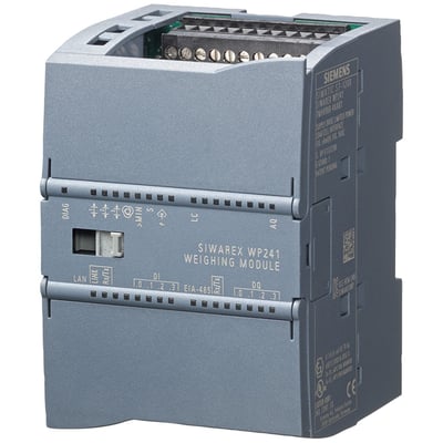 Siemens SIWAREX WP241 elektronisk vejebånd med én kanal til strain gauge vej celler, vist med terminaler og RS485/Ethernet-interface på en hvid baggrund.