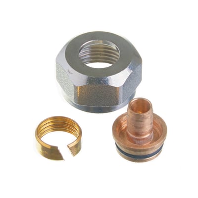 Roth fordelerkobling 20 mm x 3/4" i rødgods vist adskilt med omløber, skærering og støttebøsning.