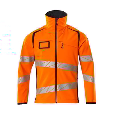 Detaljeret forside af Mascot Hi-Vis softshelljakke i str. 4XL, viser lynlåse og brystlomme med ID-kortholder.