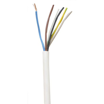 Fleksibel H05 VV-F plastkappeledning 5G2,50 i hvid med enderne af de fem farvede ledere synlige.
