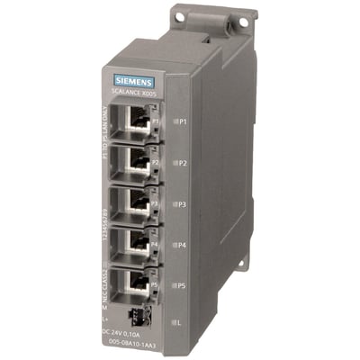 Siemens SCALANCE X005 IE Level Switch med 5 RJ45 porte, LED-indikatorer og mærkning for strømforsyning.