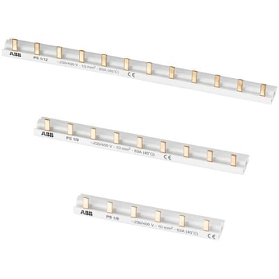 Tre ABB JFESkinner i forskellige længder med hvidt isolationsmateriale og gyldne koblingsstænger, viser mærkning og CE-godkendelse.