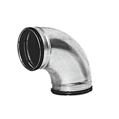 Lindab Safe BU-RS 90° rustfri stålbøjning med en 125 mm diameter, viser konstruktionen og pakningerne.