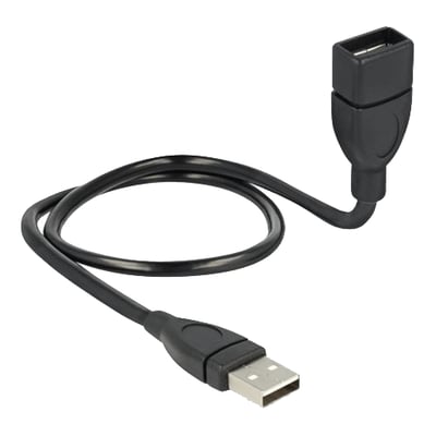 Sort DeLock ShapeCable USB 2.0-forlængerkabel på 0,5 meter med USB-A-hanstik og USB-A-hunstik, vist sammenrullet.