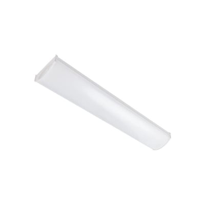 SG Armaturen Wave 600 LED armatur, hvid, set fra en vinkel med akrylskærmen lysende blødt, isoleret på hvid baggrund.