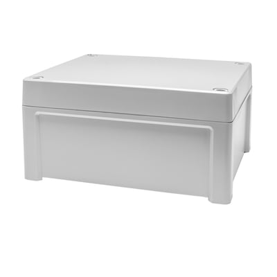 Lukket Fibox Tempo TPC241911 kasse i lys grå RAL7035, IP65-klassificeret PC plast, hvid baggrund.