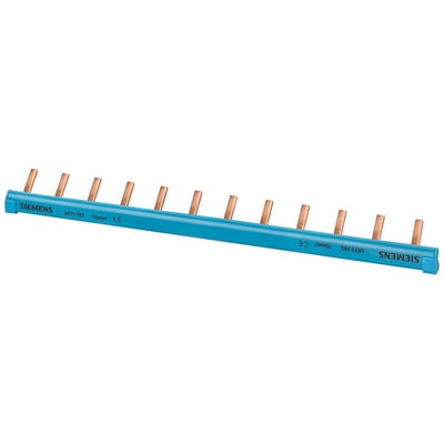 Siemens PIN samleskinne 10mm² med blå isolering og 12 kobberben, vist på hvid baggrund.