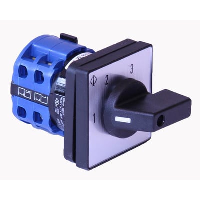 Kraus & Naimer trinomskifter, 1-polet, 20A, med drejehåndtag og markeringer 1, 2, 3 samt symboler på en rustfri frontplade.