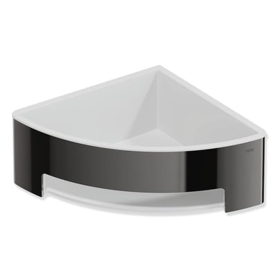 HEWI System 900 brusehylde i sortkrom med blank finish, vist skråt forfra med buet front og åbent rum.