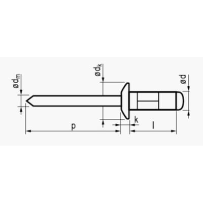 Teknisk tegning af 4,0x12 mm alu/stål blindnitte med rundt hoved og målindikatorer.
