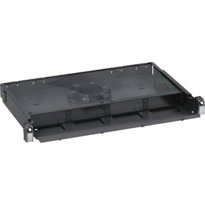 Schneider Electric Actassi fiberpatchpanel i mørkegrå metal, klar til montering i 19" rack, med udtræk og QuickFix-montering.